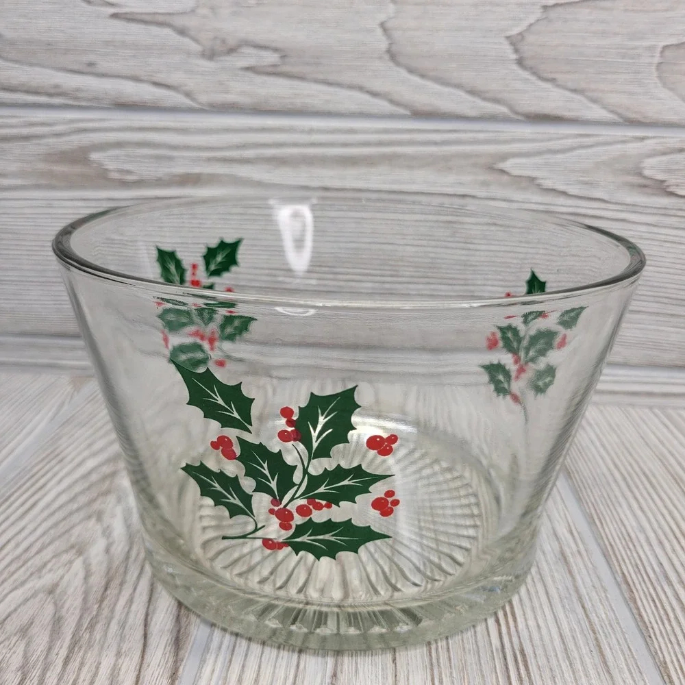 Indiana Glass Holly Berry Glass Bowl Punch Candy Serving Dish Christmas Holiday